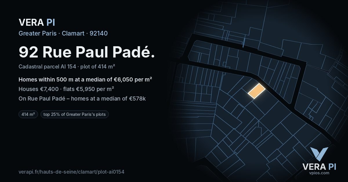 92 Rue Paul Padé, Clamart at night – the plot lit, the parcels around coloured by the prices near them