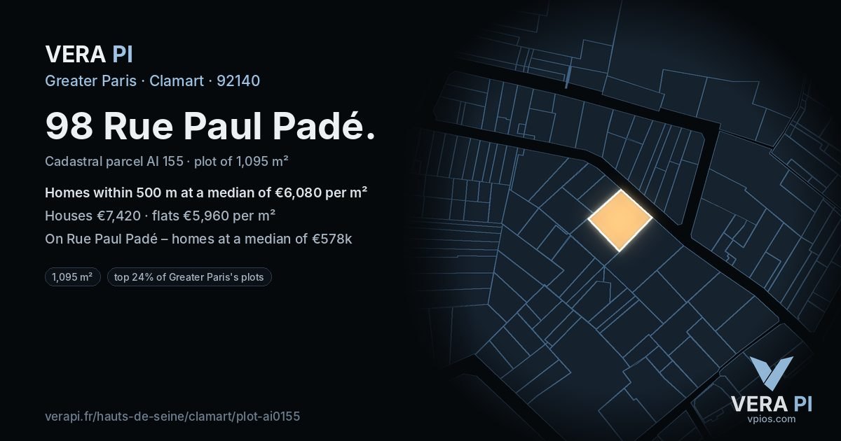 98 Rue Paul Padé, Clamart at night – the plot lit, the parcels around coloured by the prices near them