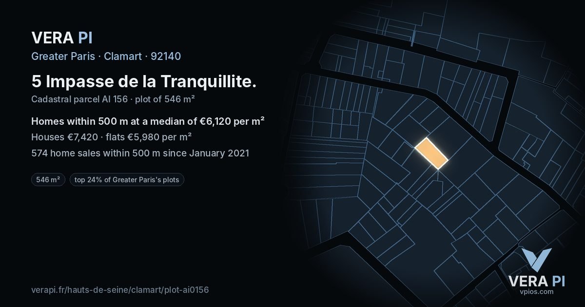 5 Impasse de la Tranquillite, Clamart at night – the plot lit, the parcels around coloured by the prices near them