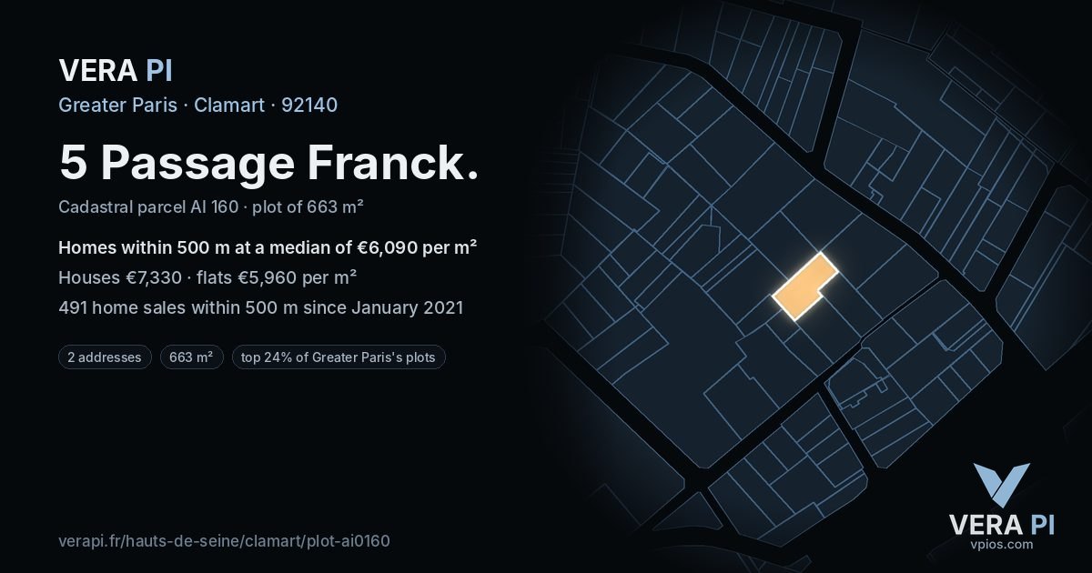 5 Passage Franck, Clamart at night – the plot lit, the parcels around coloured by the prices near them
