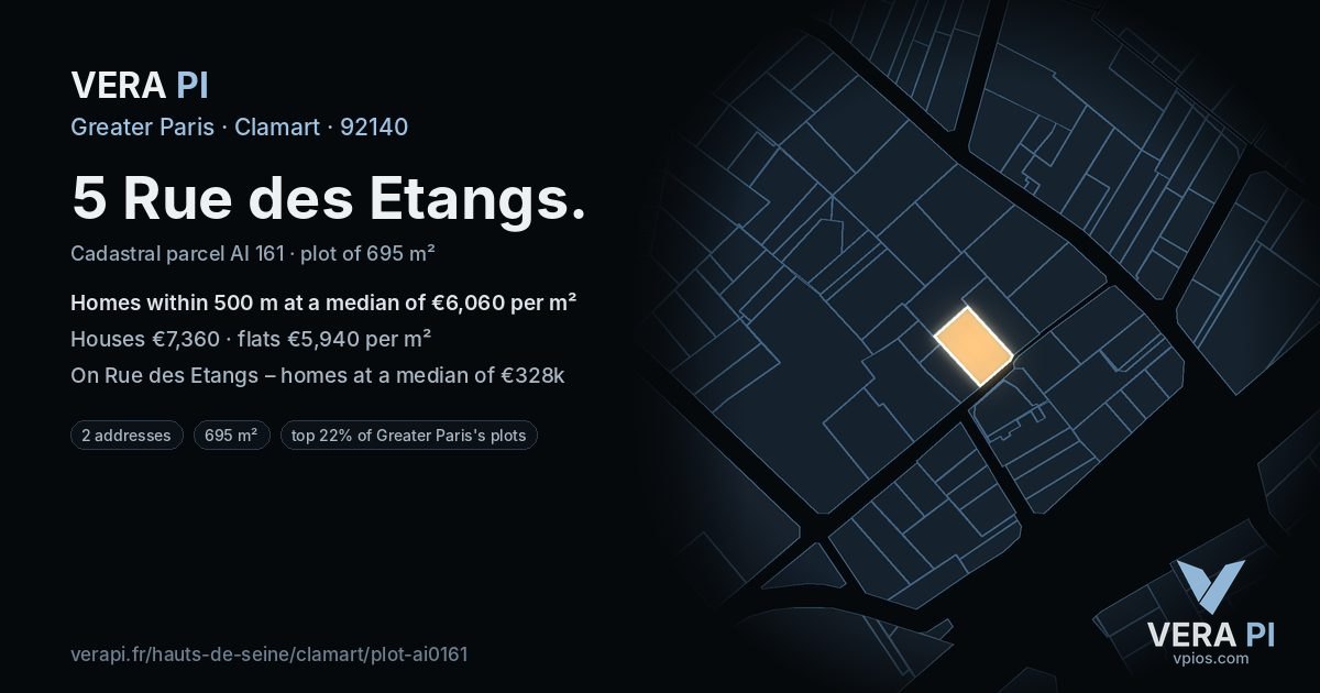 5 Rue des Etangs, Clamart at night – the plot lit, the parcels around coloured by the prices near them