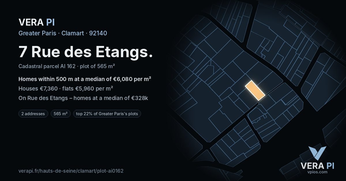 7 Rue des Etangs, Clamart at night – the plot lit, the parcels around coloured by the prices near them