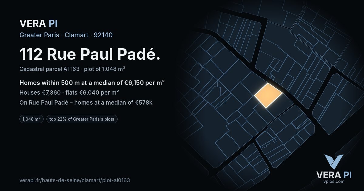 112 Rue Paul Padé, Clamart at night – the plot lit, the parcels around coloured by the prices near them