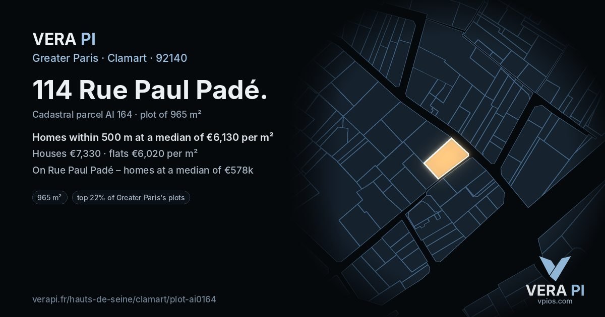 114 Rue Paul Padé, Clamart at night – the plot lit, the parcels around coloured by the prices near them