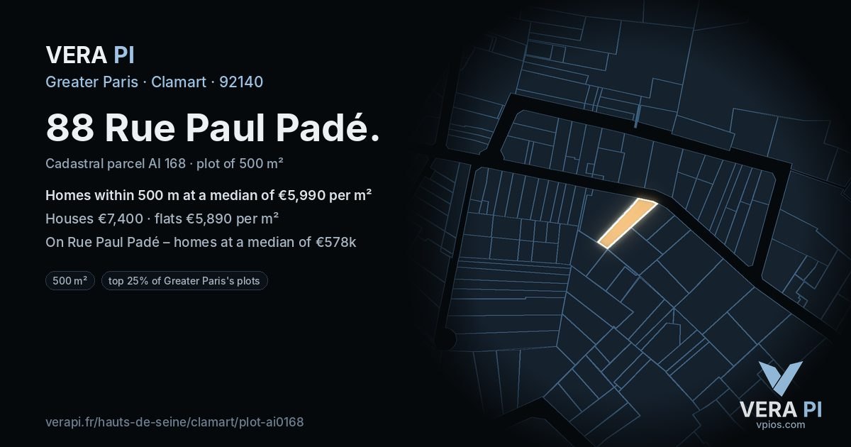 88 Rue Paul Padé, Clamart at night – the plot lit, the parcels around coloured by the prices near them