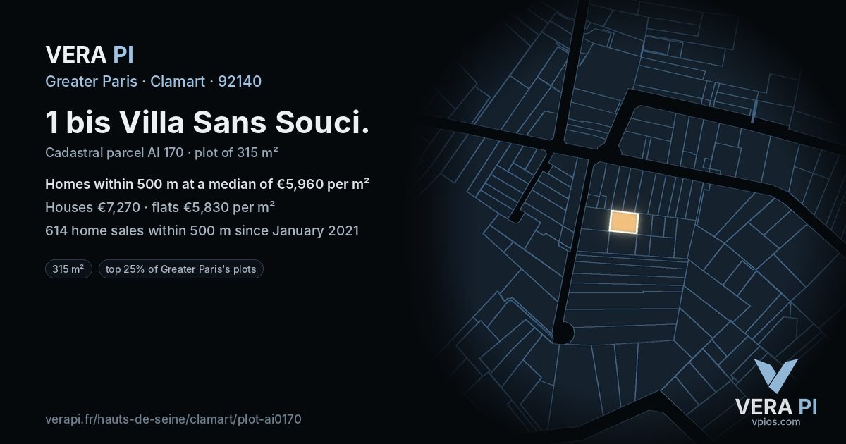1 bis Villa Sans Souci, Clamart at night – the plot lit, the parcels around coloured by the prices near them