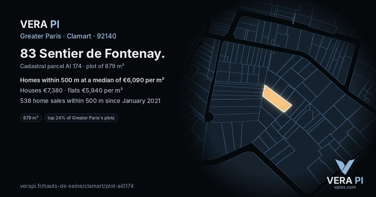 83 Sentier de Fontenay, Clamart at night – the plot lit, the parcels around coloured by the prices near them