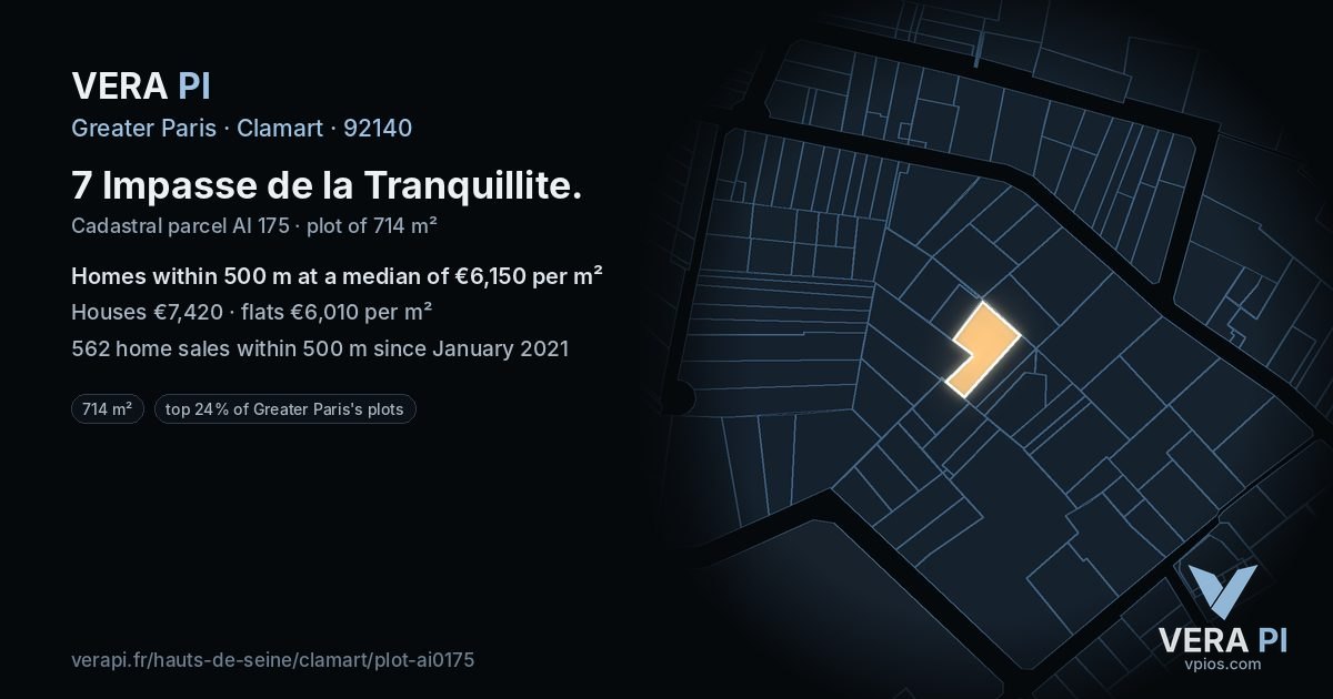 7 Impasse de la Tranquillite, Clamart at night – the plot lit, the parcels around coloured by the prices near them