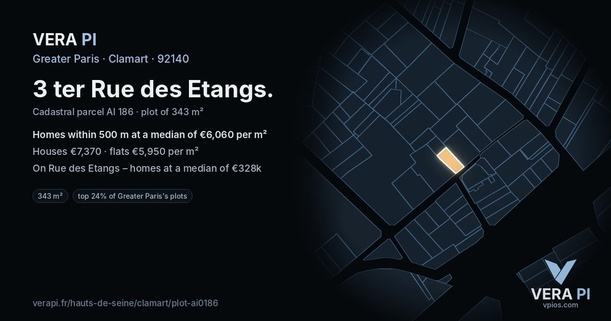 3 ter Rue des Etangs, Clamart at night – the plot lit, the parcels around coloured by the prices near them