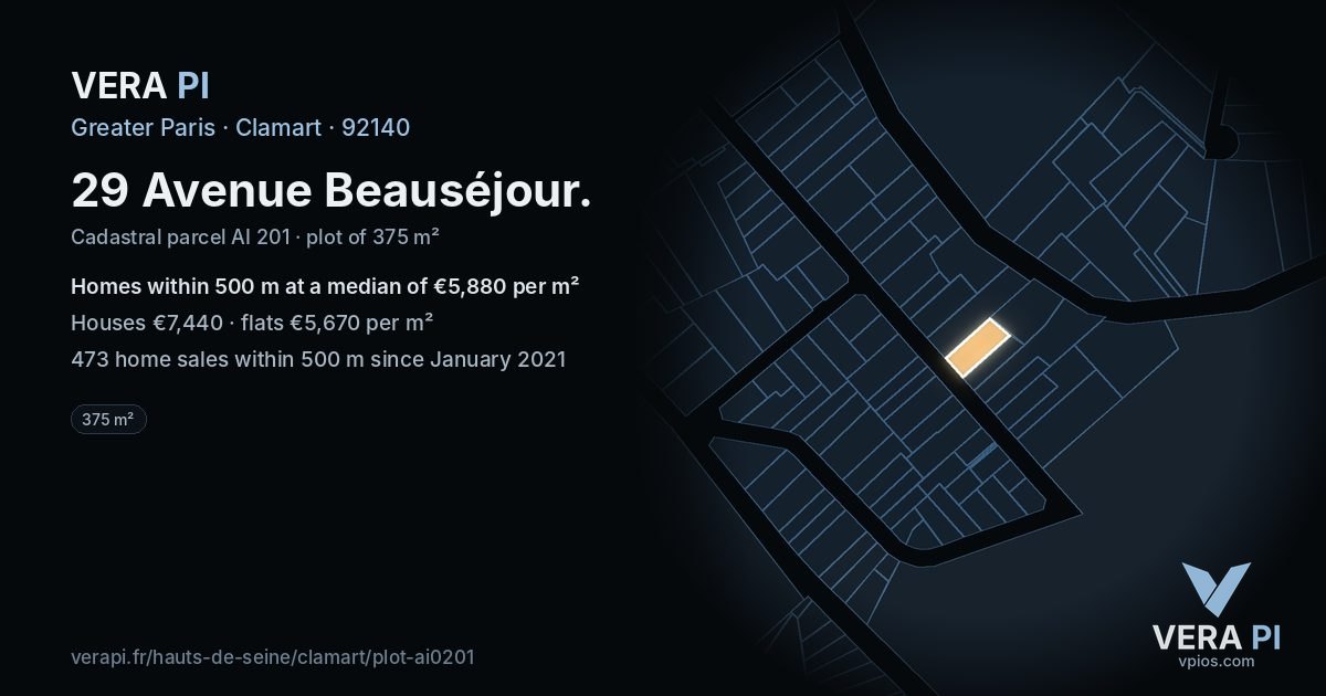 29 Avenue Beauséjour, Clamart at night – the plot lit, the parcels around coloured by the prices near them