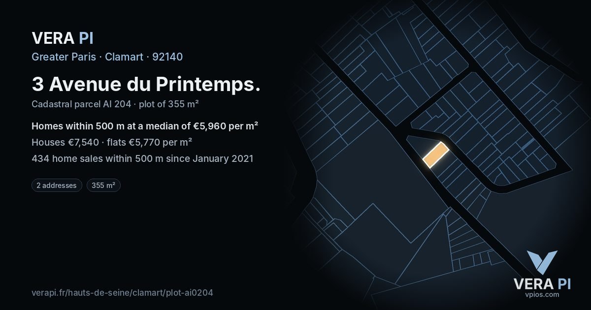 3 Avenue du Printemps, Clamart at night – the plot lit, the parcels around coloured by the prices near them