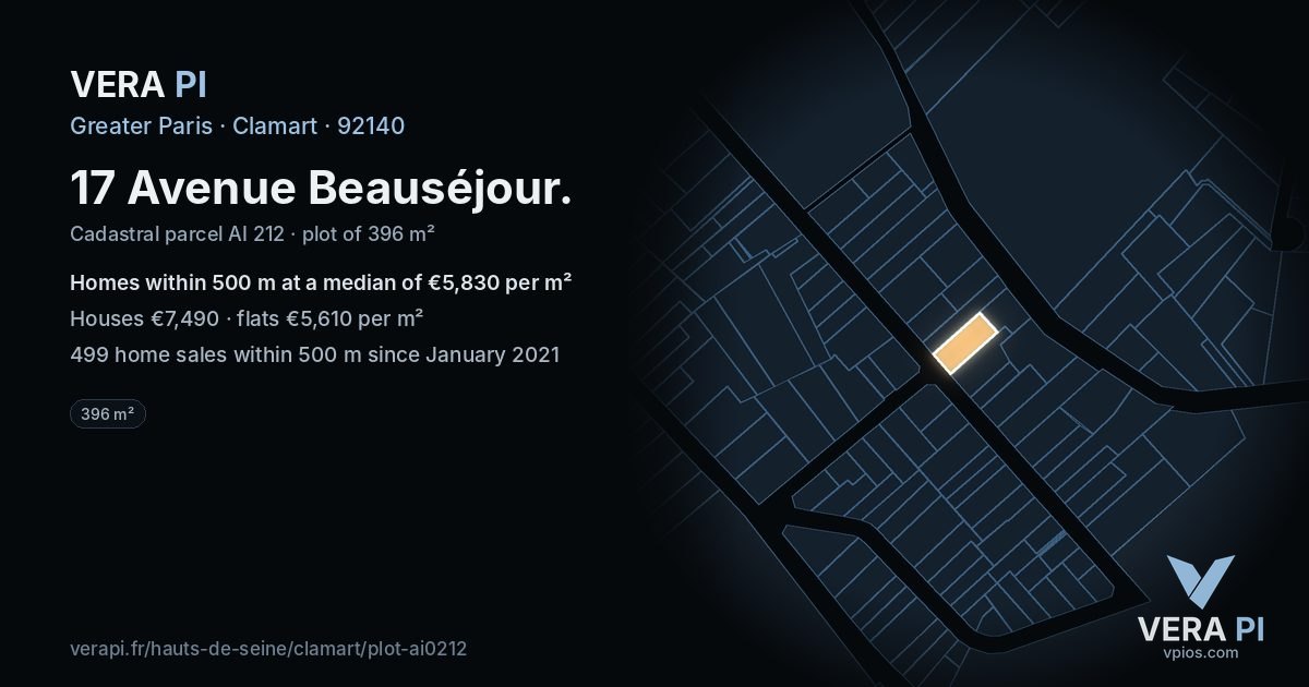 17 Avenue Beauséjour, Clamart at night – the plot lit, the parcels around coloured by the prices near them