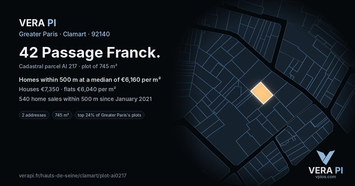 42 Passage Franck, Clamart at night – the plot lit, the parcels around coloured by the prices near them