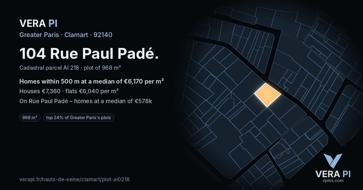 104 Rue Paul Padé, Clamart at night – the plot lit, the parcels around coloured by the prices near them