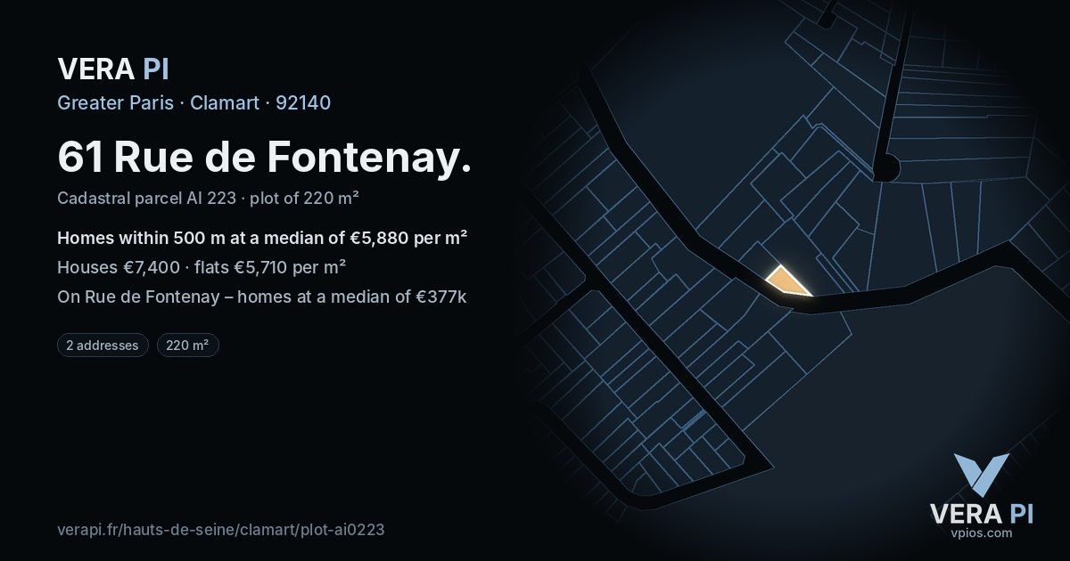 61 Rue de Fontenay, Clamart at night – the plot lit, the parcels around coloured by the prices near them