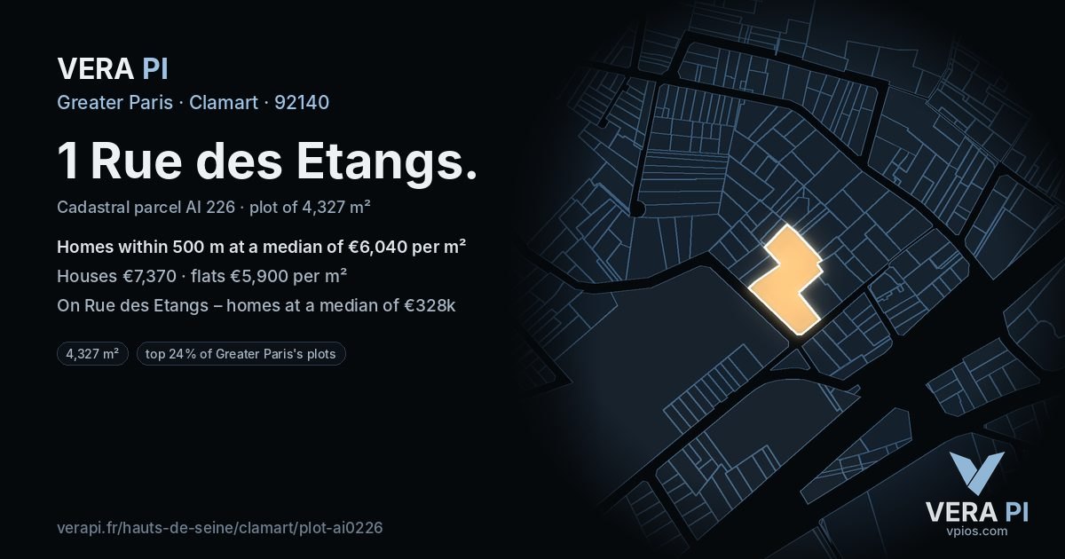 1 Rue des Etangs, Clamart at night – the plot lit, the parcels around coloured by the prices near them