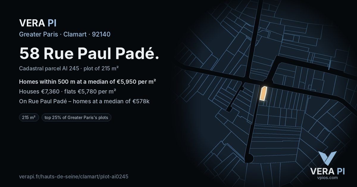 58 Rue Paul Padé, Clamart at night – the plot lit, the parcels around coloured by the prices near them