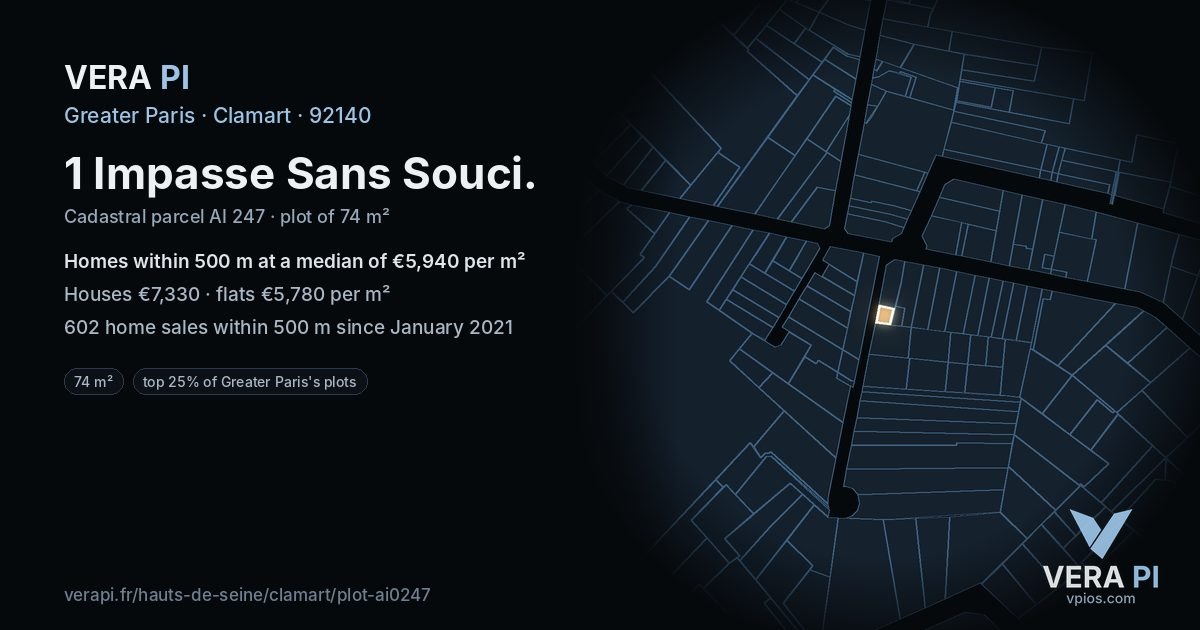 1 Impasse Sans Souci, Clamart at night – the plot lit, the parcels around coloured by the prices near them