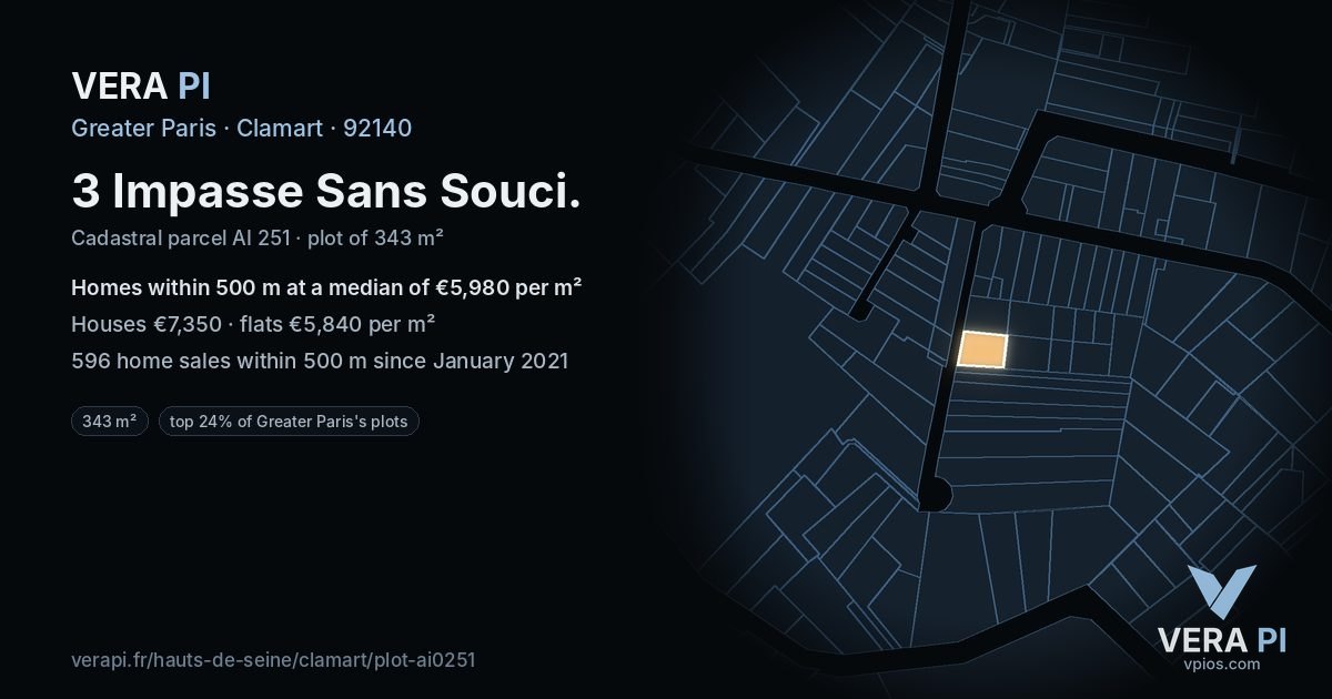 3 Impasse Sans Souci, Clamart at night – the plot lit, the parcels around coloured by the prices near them
