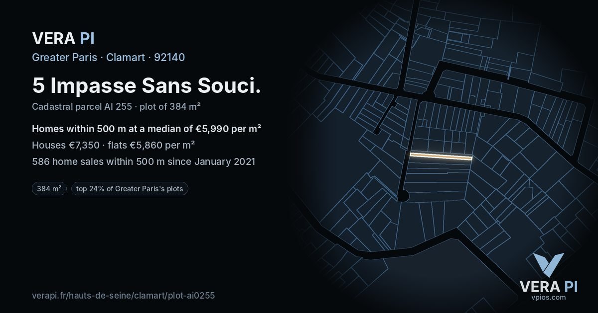 5 Impasse Sans Souci, Clamart at night – the plot lit, the parcels around coloured by the prices near them