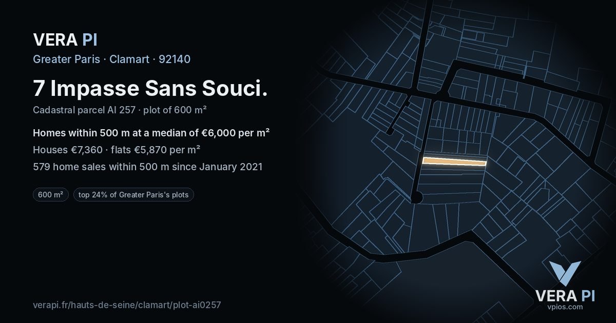 7 Impasse Sans Souci, Clamart at night – the plot lit, the parcels around coloured by the prices near them