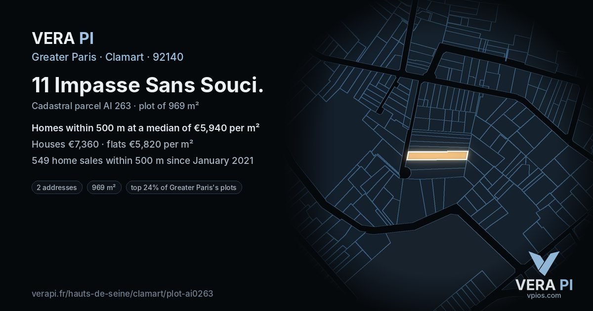 11 Impasse Sans Souci, Clamart at night – the plot lit, the parcels around coloured by the prices near them