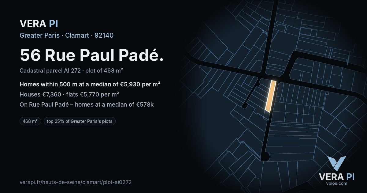 56 Rue Paul Padé, Clamart at night – the plot lit, the parcels around coloured by the prices near them