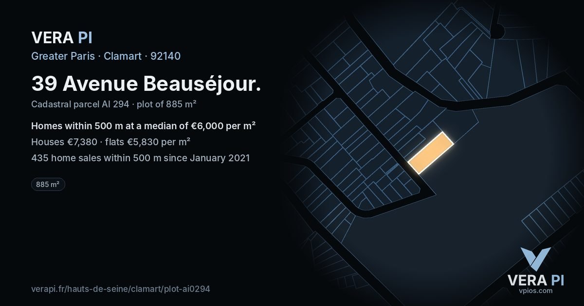39 Avenue Beauséjour, Clamart at night – the plot lit, the parcels around coloured by the prices near them