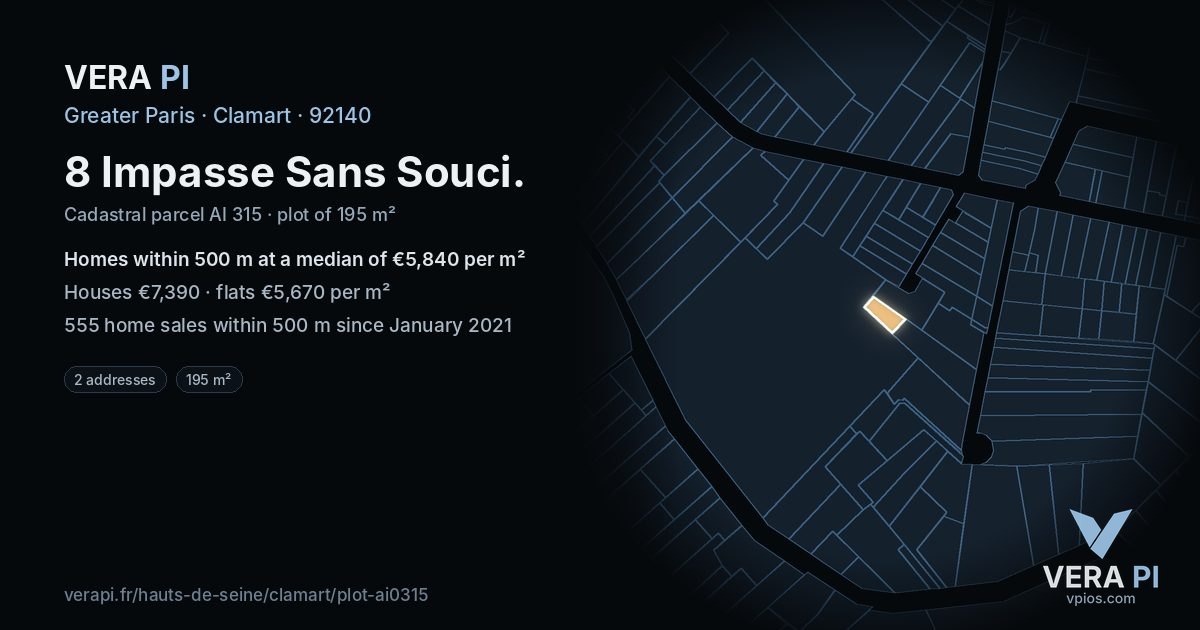 8 Impasse Sans Souci, Clamart at night – the plot lit, the parcels around coloured by the prices near them