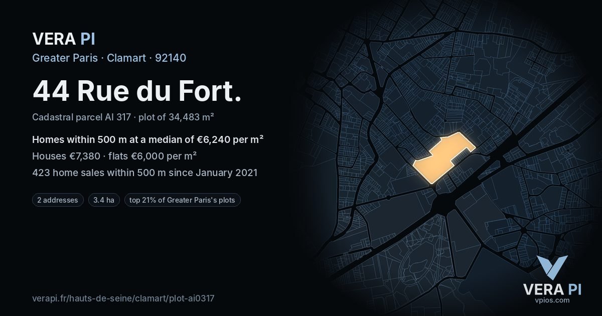44 Rue du Fort, Clamart at night – the plot lit, the parcels around coloured by the prices near them