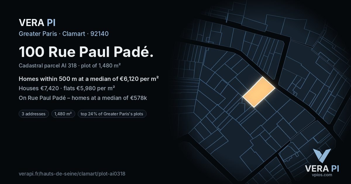 100 Rue Paul Padé, Clamart at night – the plot lit, the parcels around coloured by the prices near them