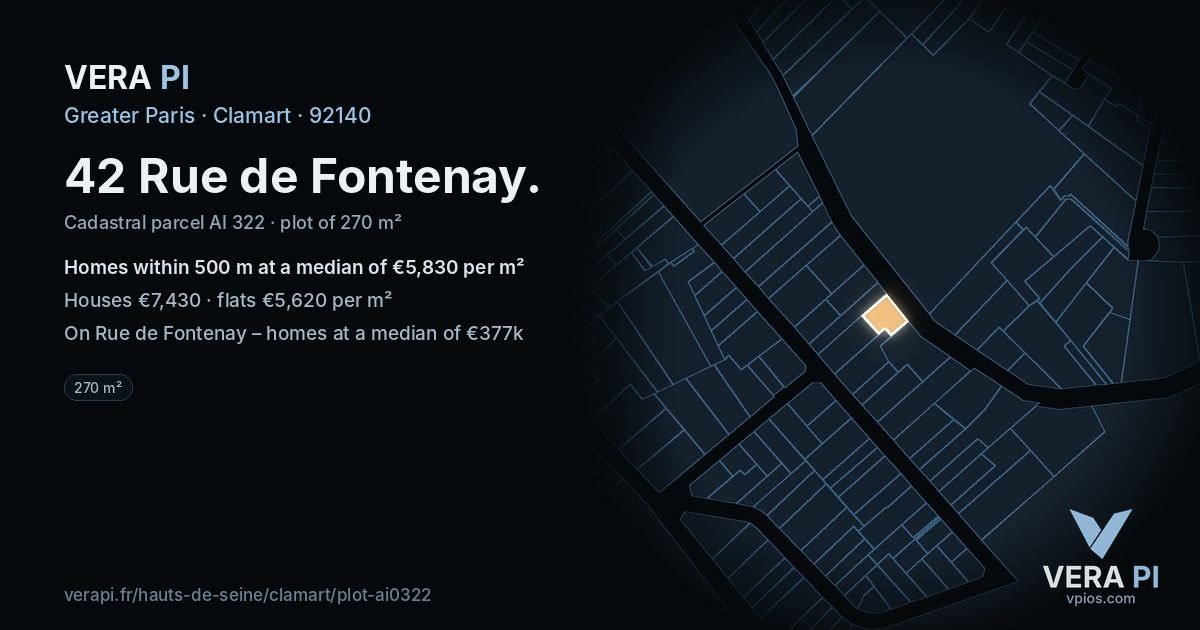 42 Rue de Fontenay, Clamart at night – the plot lit, the parcels around coloured by the prices near them
