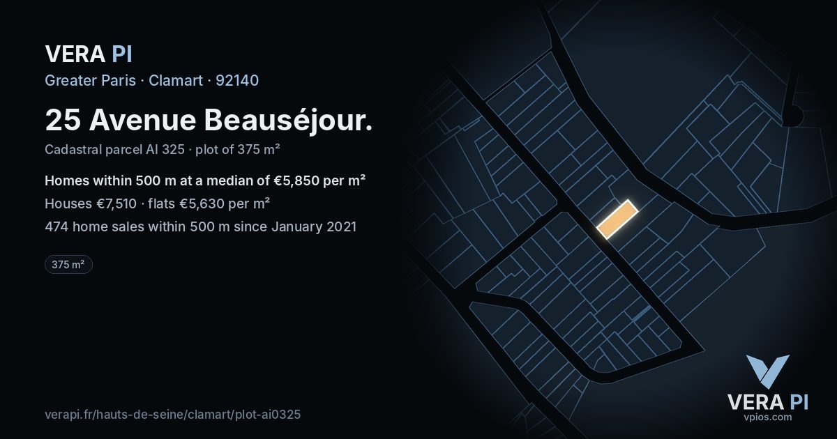 25 Avenue Beauséjour, Clamart at night – the plot lit, the parcels around coloured by the prices near them