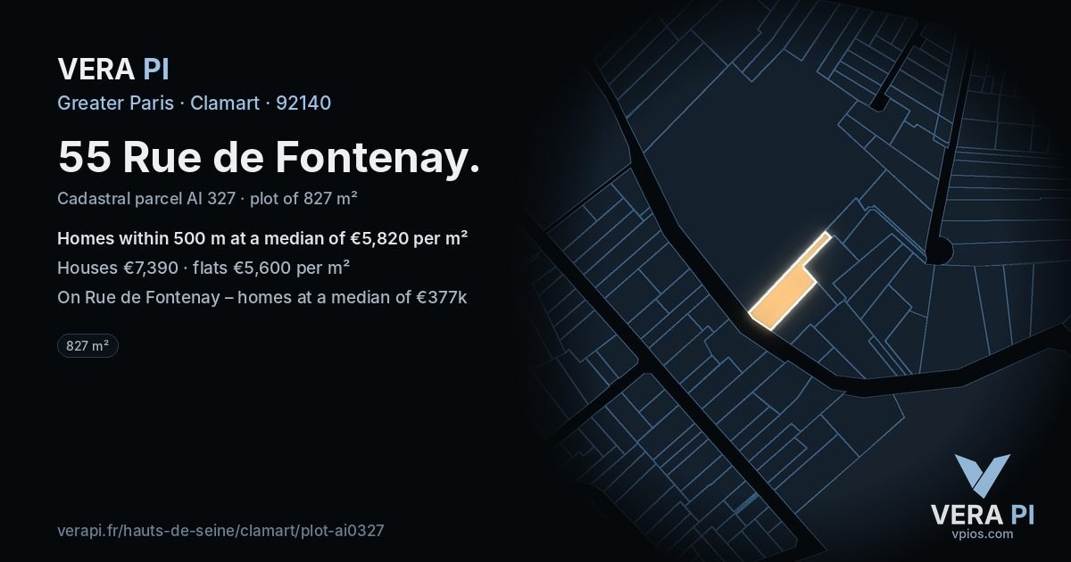 55 Rue de Fontenay, Clamart at night – the plot lit, the parcels around coloured by the prices near them