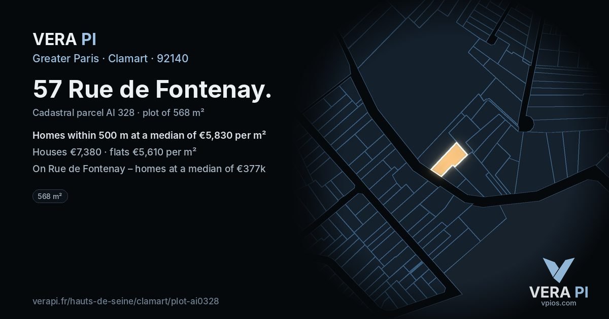 57 Rue de Fontenay, Clamart at night – the plot lit, the parcels around coloured by the prices near them