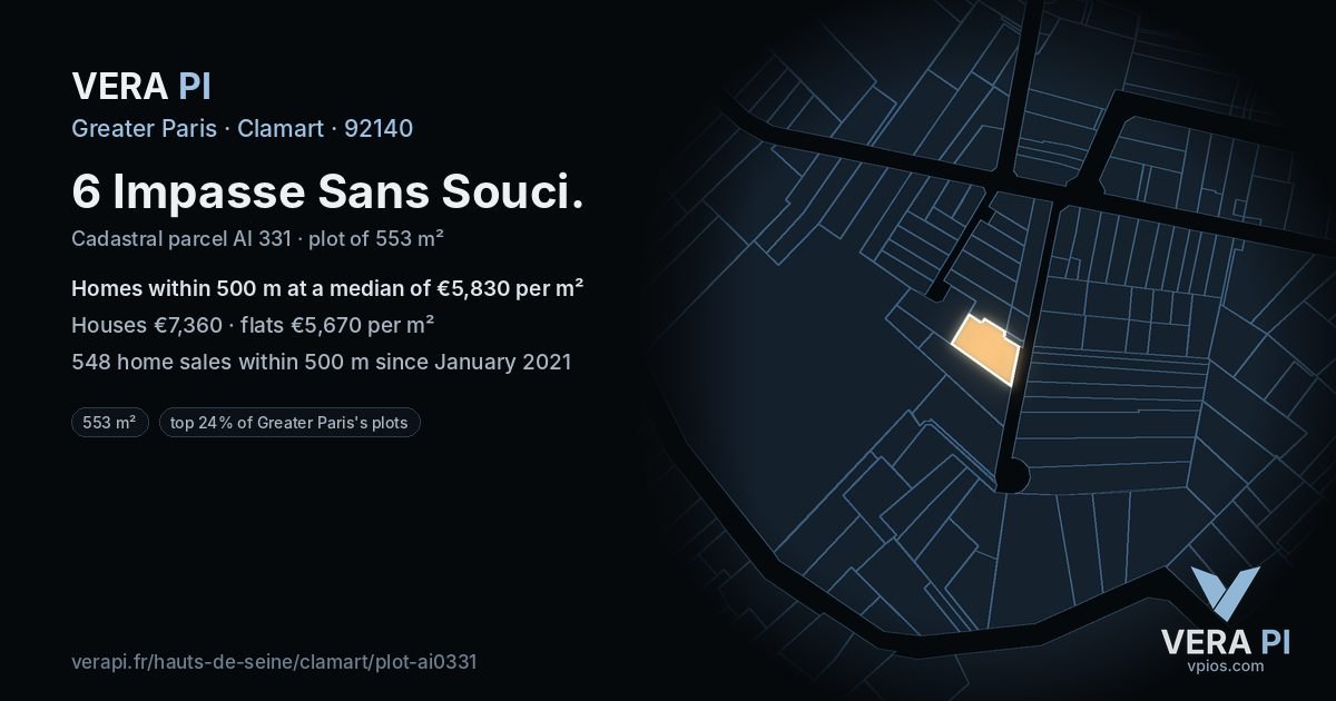 6 Impasse Sans Souci, Clamart at night – the plot lit, the parcels around coloured by the prices near them