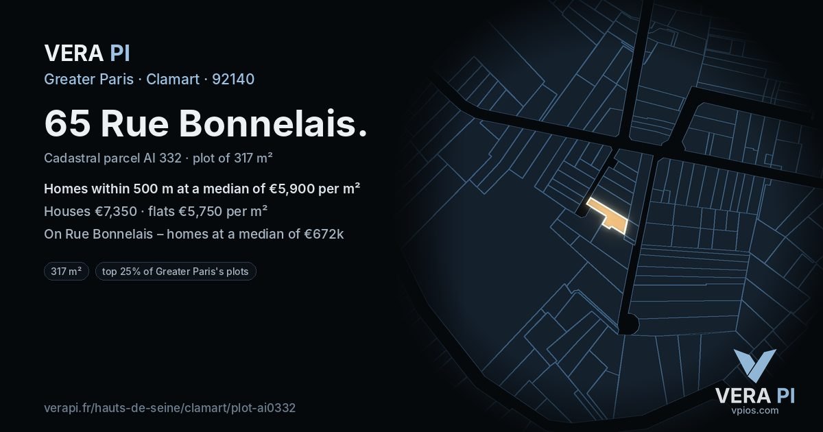 65 Rue Bonnelais, Clamart at night – the plot lit, the parcels around coloured by the prices near them
