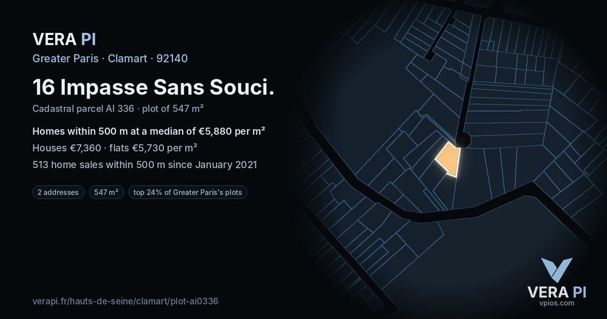 16 Impasse Sans Souci, Clamart at night – the plot lit, the parcels around coloured by the prices near them