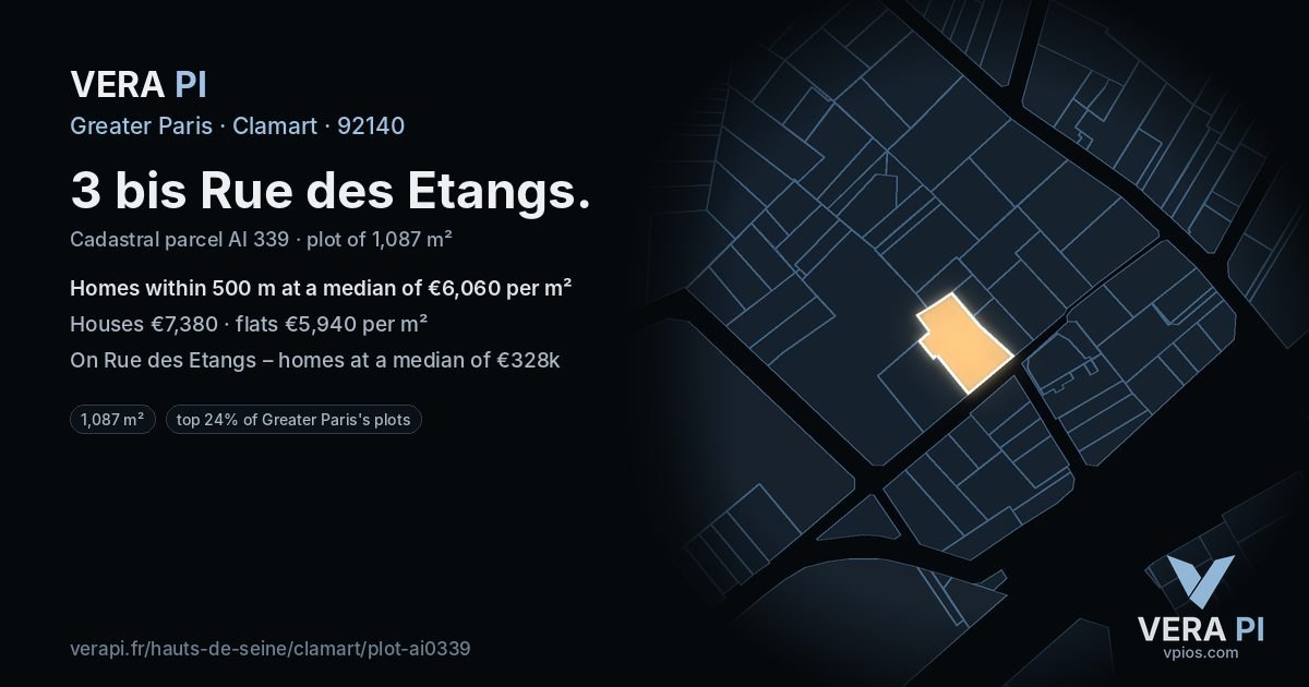 3 bis Rue des Etangs, Clamart at night – the plot lit, the parcels around coloured by the prices near them