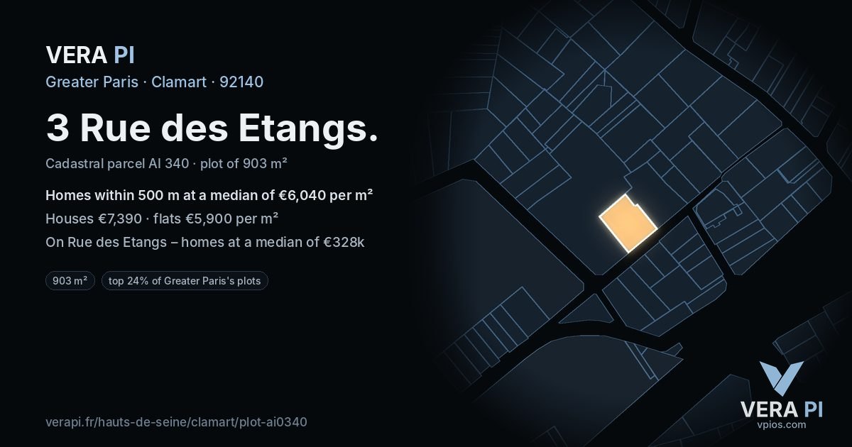 3 Rue des Etangs, Clamart at night – the plot lit, the parcels around coloured by the prices near them
