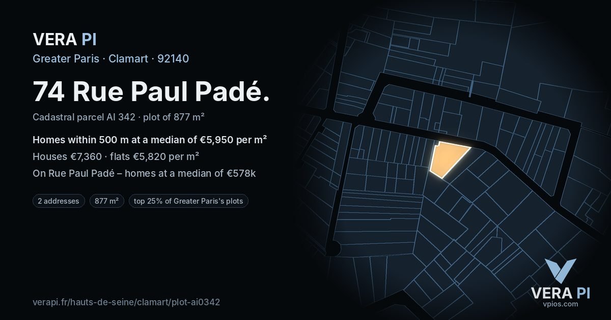 74 Rue Paul Padé, Clamart at night – the plot lit, the parcels around coloured by the prices near them