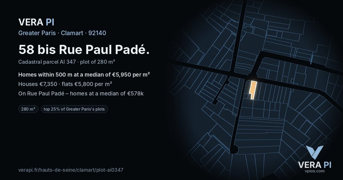 58 bis Rue Paul Padé, Clamart at night – the plot lit, the parcels around coloured by the prices near them
