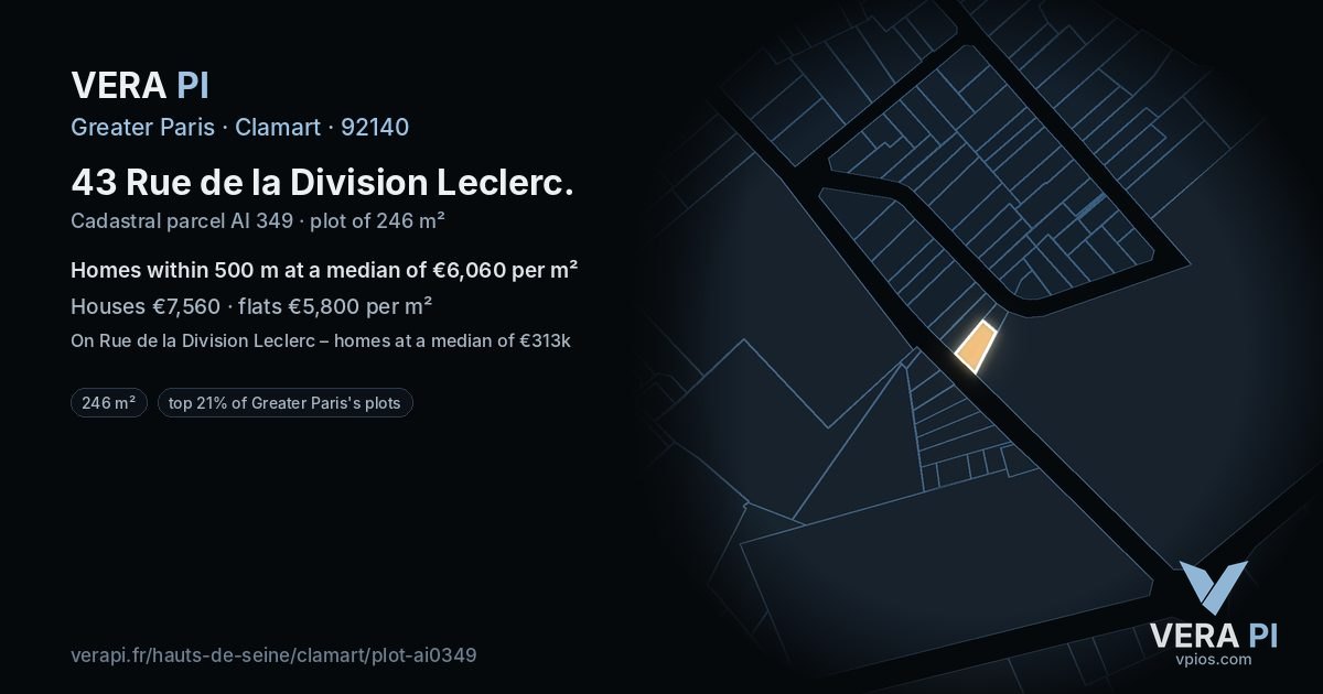 43 Rue de la Division Leclerc, Clamart at night – the plot lit, the parcels around coloured by the prices near them