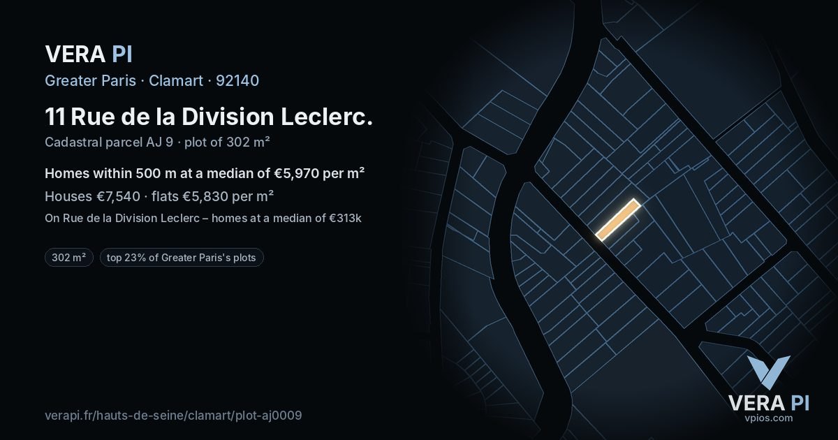 11 Rue de la Division Leclerc, Clamart at night – the plot lit, the parcels around coloured by the prices near them