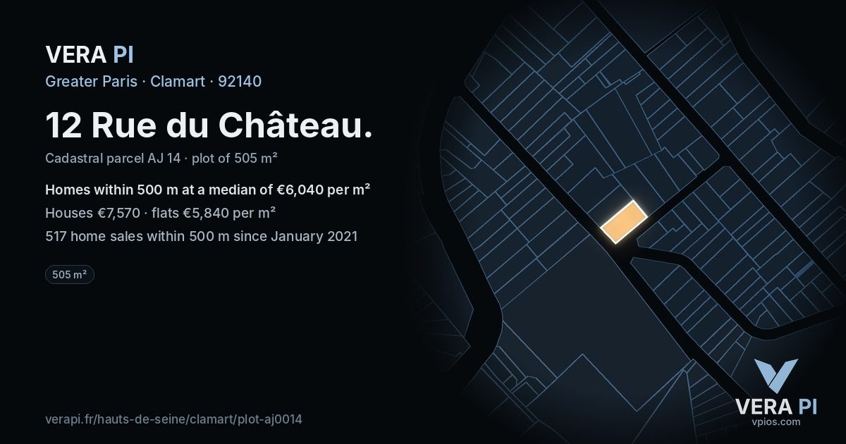 12 Rue du Château, Clamart at night – the plot lit, the parcels around coloured by the prices near them