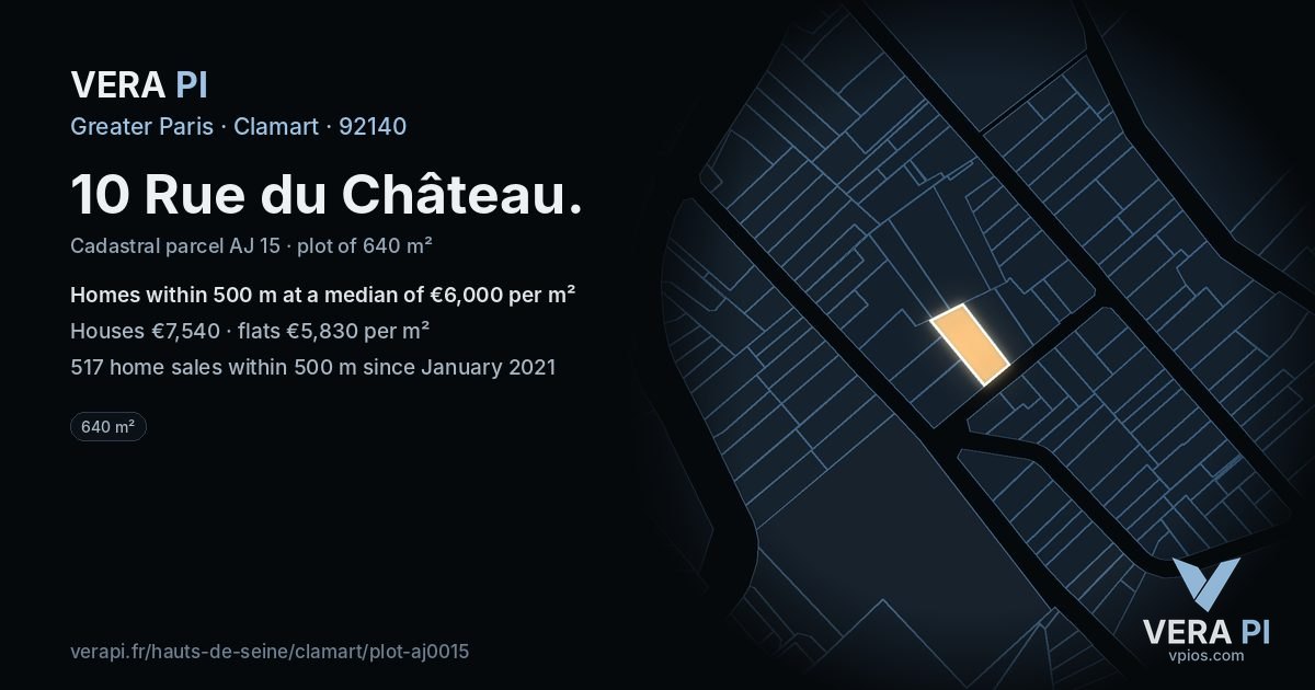 10 Rue du Château, Clamart at night – the plot lit, the parcels around coloured by the prices near them