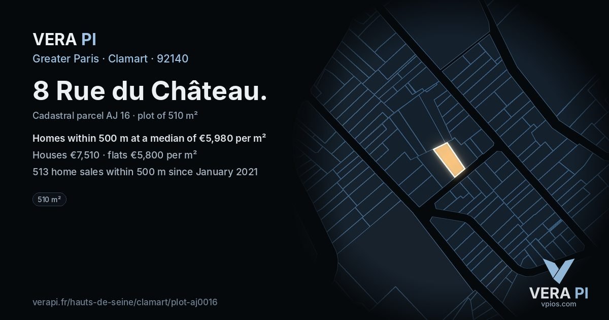 8 Rue du Château, Clamart at night – the plot lit, the parcels around coloured by the prices near them