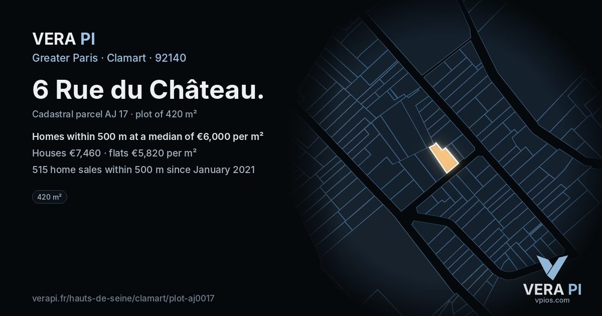 6 Rue du Château, Clamart at night – the plot lit, the parcels around coloured by the prices near them