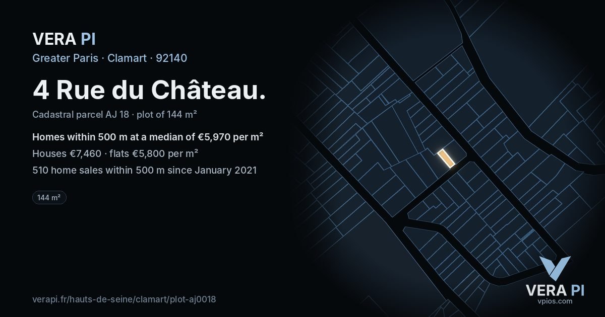 4 Rue du Château, Clamart at night – the plot lit, the parcels around coloured by the prices near them