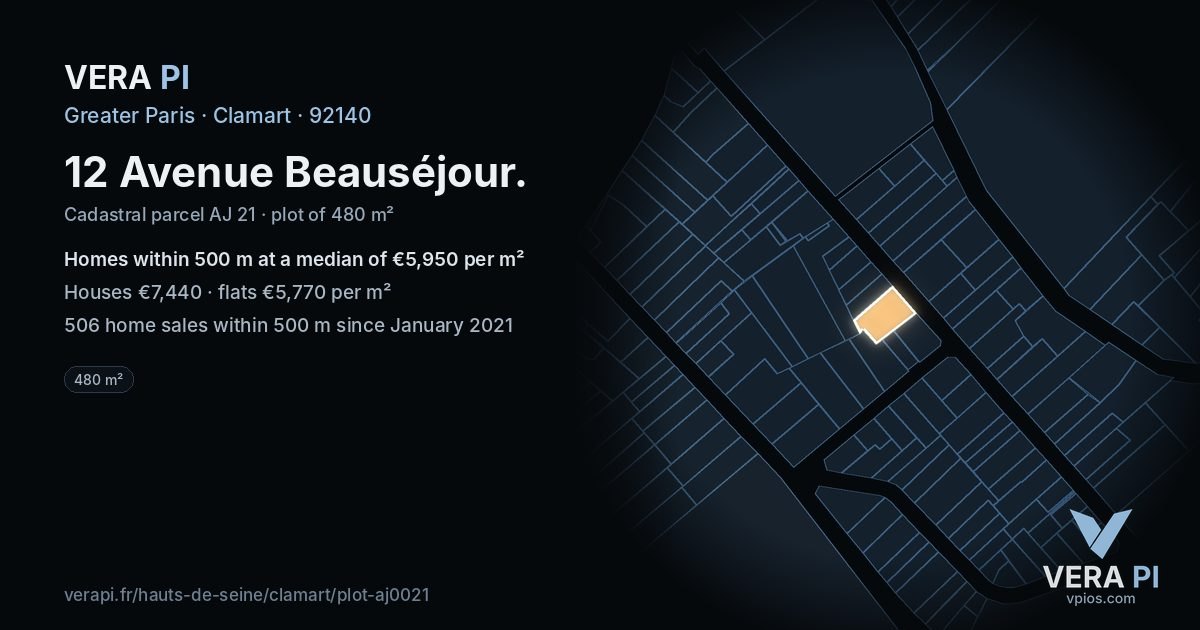 12 Avenue Beauséjour, Clamart at night – the plot lit, the parcels around coloured by the prices near them